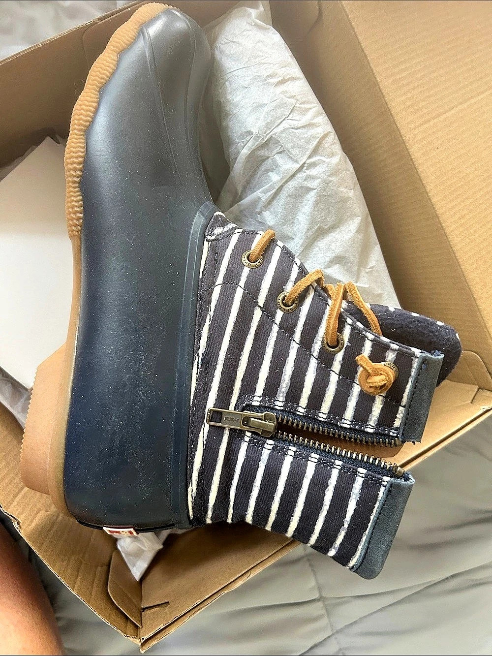 Sperry Saltwater Stripe Navy Stripe Rain Boots Blue & White US 7.5 NWT